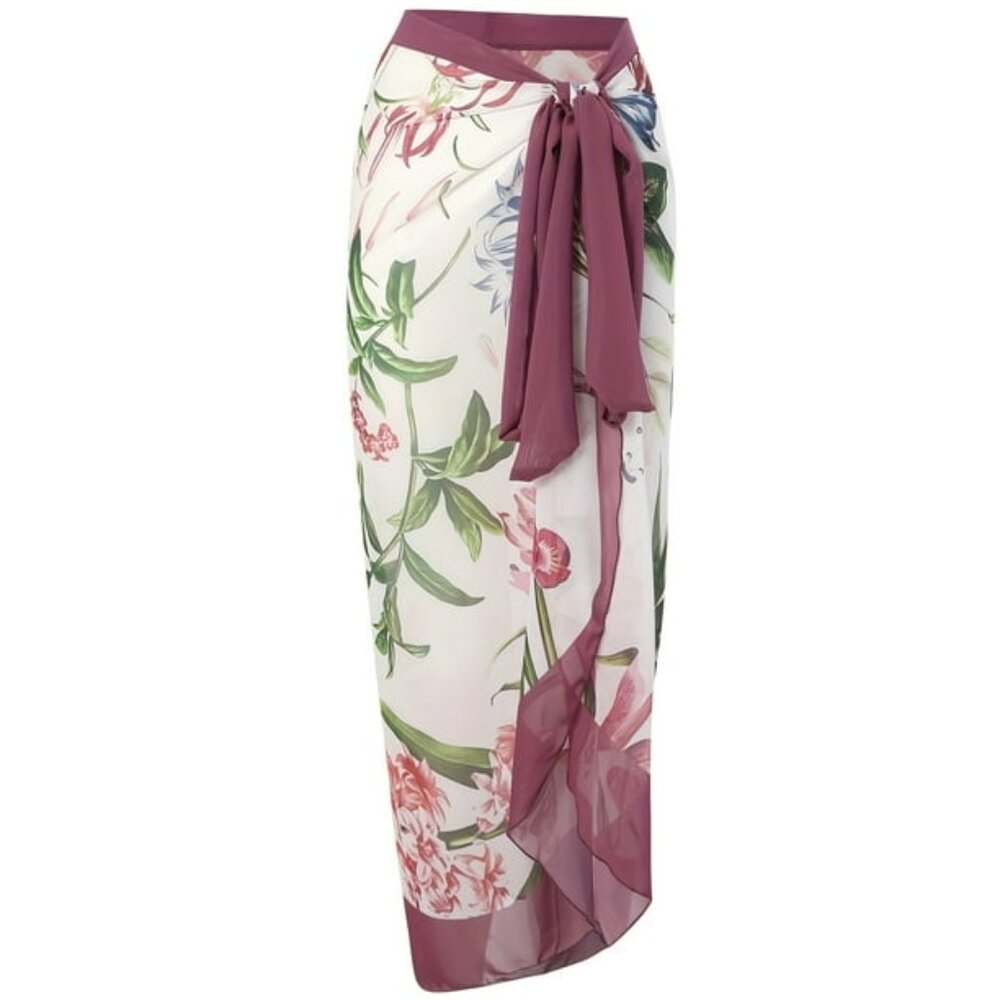 Sarong Swimsuit Cover-Up Wrap Skirt Purple Cream Butterfly Print
